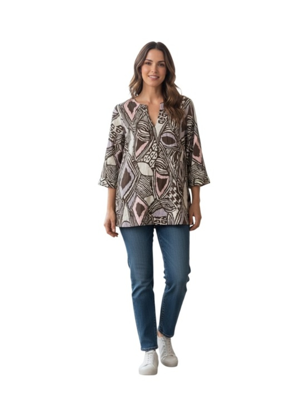 Austin Reed Tunic Top Womens Size 8 Multicolor Geometric 3/4 Sleeve V-Neck